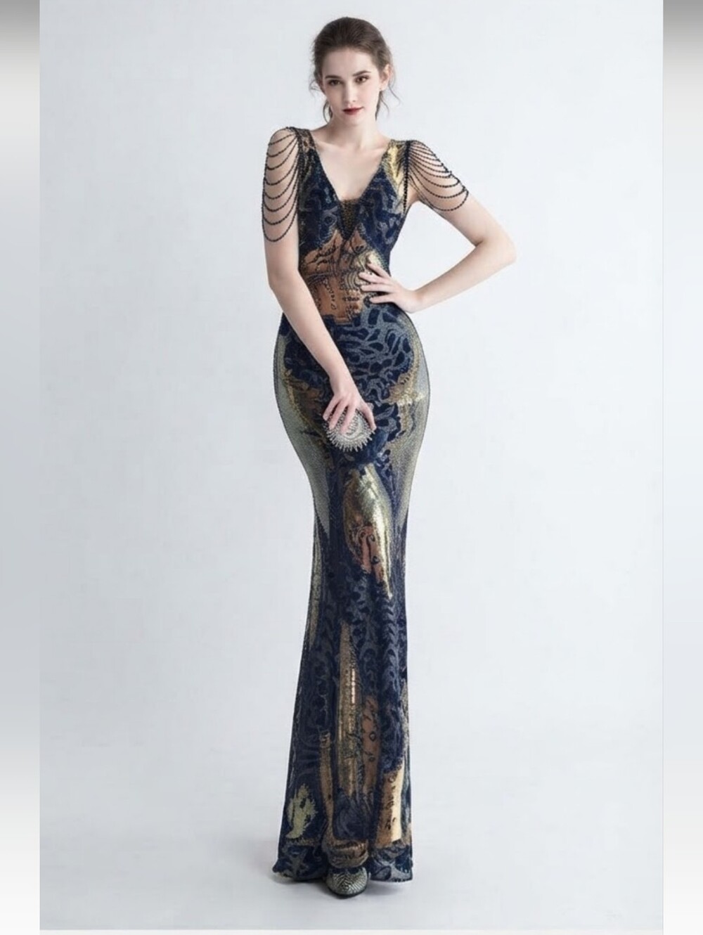 Navy, Floral, Beaded,  Round Back,  Sleeveless,  Sequined Gown CUSTOM